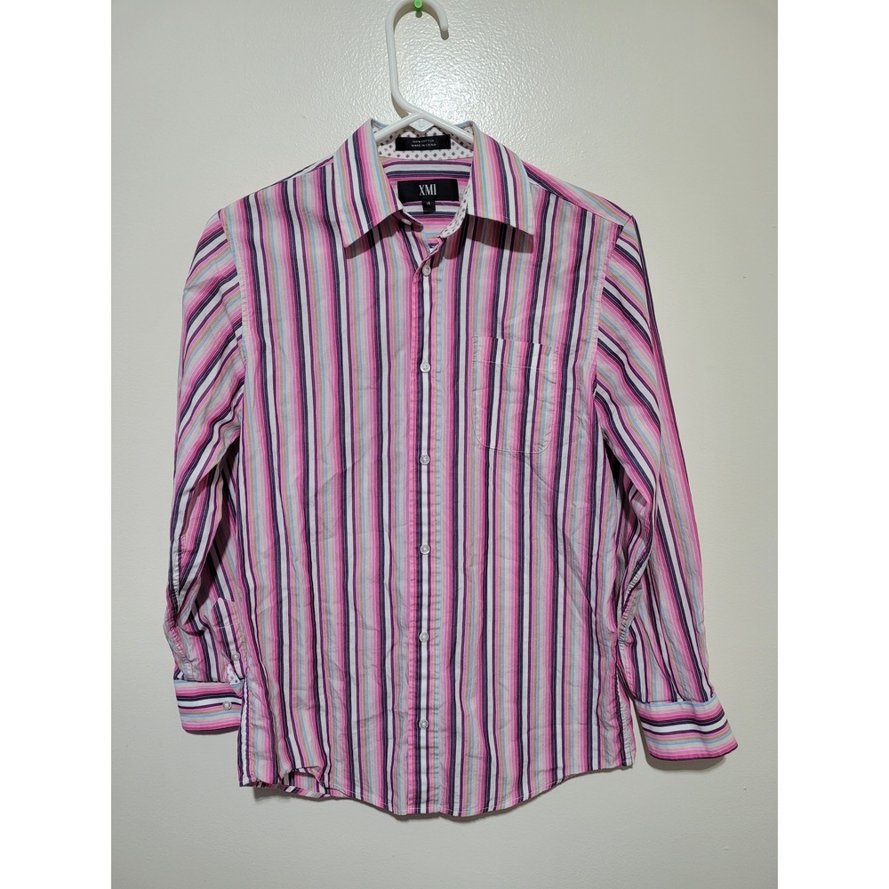 XMI Button Down Shirt Womens 14 Pink Multi Color Striped Long Sleeve